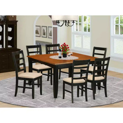 Table de salle à manger 7 pièces avec plateau carré en bois massif finition noir et cerisier et 6 chaises – Sanzelize Design