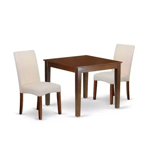 Ensemble de salle à manger carré rétro - Table 91,4 cm et 2 chaises - Tissu lin crème - Pieds en acajou – Sanzelize Design