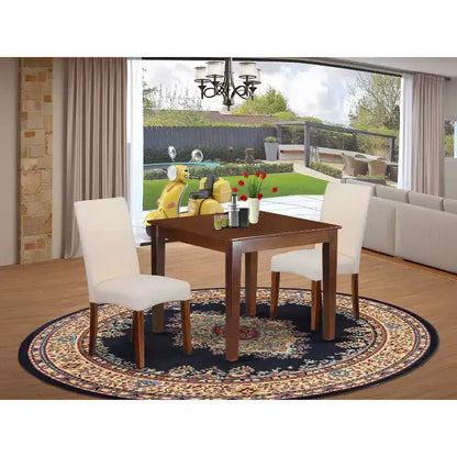Ensemble de salle à manger carré rétro - Table 91,4 cm et 2 chaises - Tissu lin crème - Pieds en acajou – Sanzelize Design