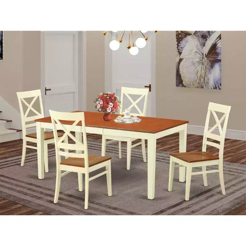 Table à manger 5 pièces rectangulaire en bois massif, finition couleur cerise et crème, avec 4 chaises – Sanzelize Design