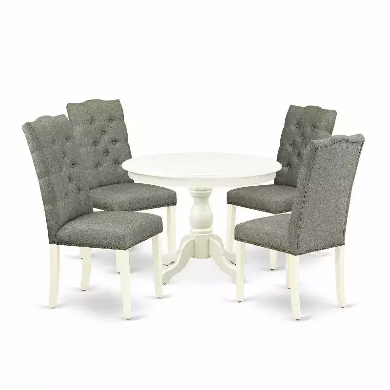 Table de salle à manger 5 pièces en bois massif finition lin blanc avec 4 chaises – Sanzelize Design