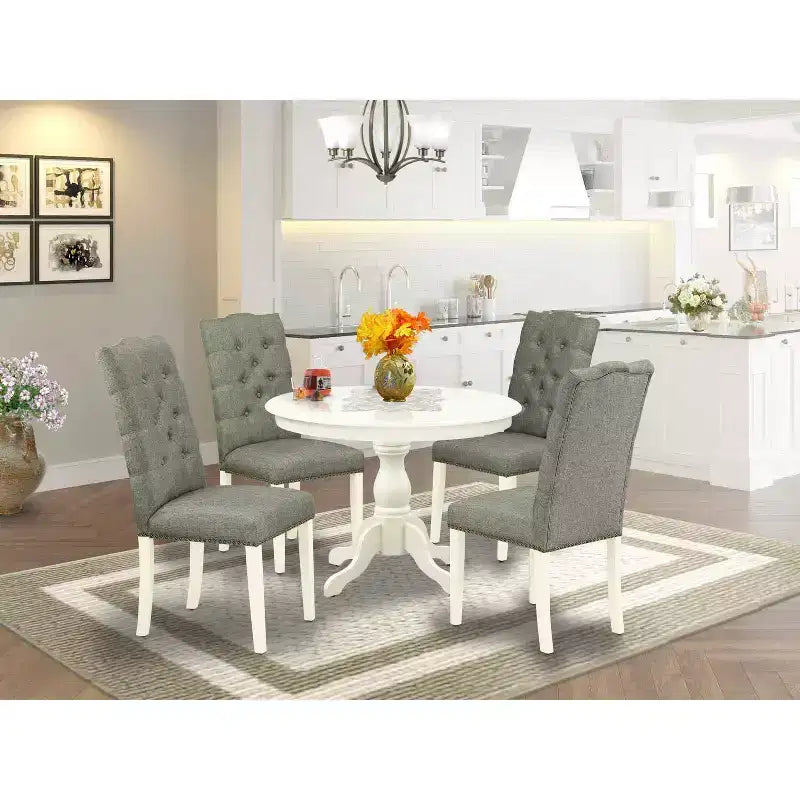 Table de salle à manger 5 pièces en bois massif finition lin blanc avec 4 chaises – Sanzelize Design