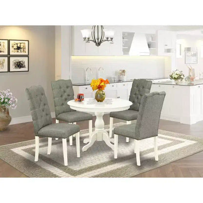 Table de salle à manger 5 pièces en bois massif finition lin blanc avec 4 chaises – Sanzelize Design