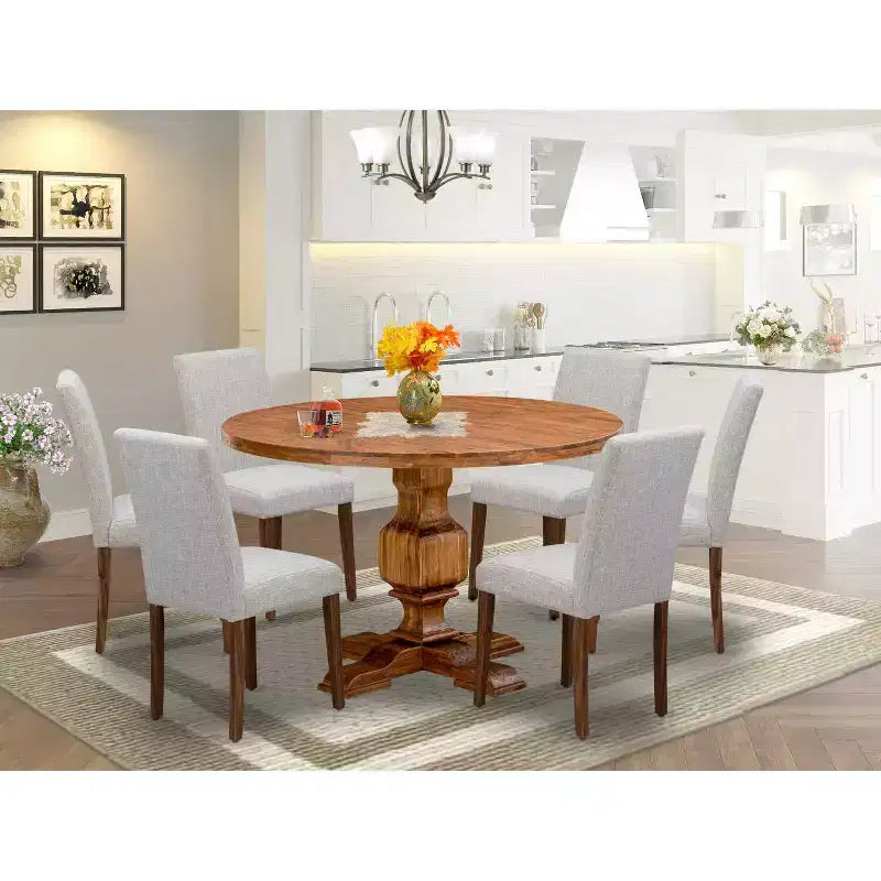 Table de salle à manger 7 pièces avec plateau en bois massif finition chêne naturel et 6 chaises Parson – Sanzelize Design