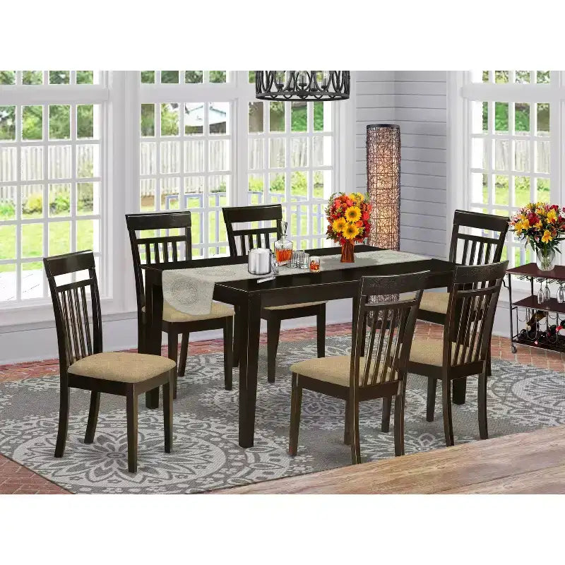 Table à manger rectangulaire 7 pièces avec plateau en bois massif finition cappuccino et 6 chaises – Sanzelize Design