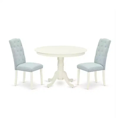 Ensemble de salle à manger 3 pièces Côtier - Table ronde et 2 chaises Parsons - Blanc lin et bleu layette – Sanzelize Design