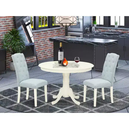 Ensemble de salle à manger 3 pièces Côtier - Table ronde et 2 chaises Parsons - Blanc lin et bleu layette – Sanzelize Design