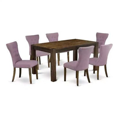 Table de salle à manger 7 pièces rectangulaire en bois massif finition jacobéen vieilli avec 6 chaises Parson – Sanzelize Design