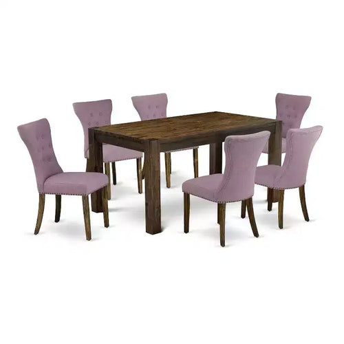 Table de salle à manger 7 pièces rectangulaire en bois massif finition jacobéen vieilli avec 6 chaises Parson – Sanzelize Design