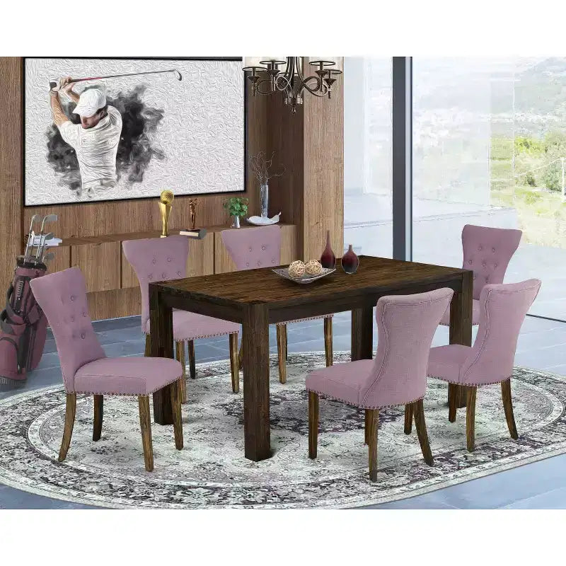 Table de salle à manger 7 pièces rectangulaire en bois massif finition jacobéen vieilli avec 6 chaises Parson – Sanzelize Design