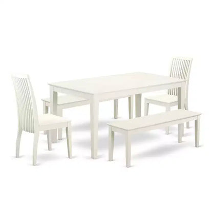 Table à manger 5 pièces rectangulaire avec plateau en bois massif finition lin blanc, 2 bancs et 2 chaises – Sanzelize Design