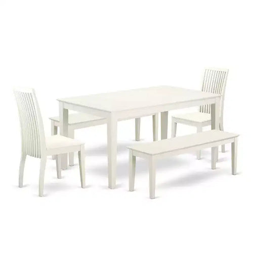 Table à manger 5 pièces rectangulaire avec plateau en bois massif finition lin blanc, 2 bancs et 2 chaises – Sanzelize Design