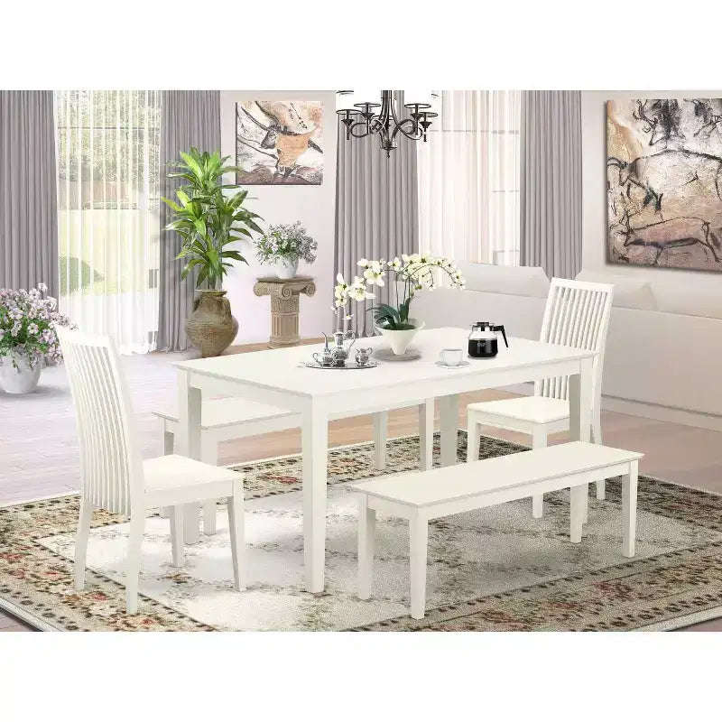 Table à manger 5 pièces rectangulaire avec plateau en bois massif finition lin blanc, 2 bancs et 2 chaises – Sanzelize Design