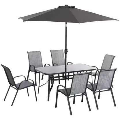 Ensemble de mobilier de jardin 8 pièces avec parasol de 2,7 m, table et chaises de salle à manger d'extérieur, 6 chaises – Sanzelize Design