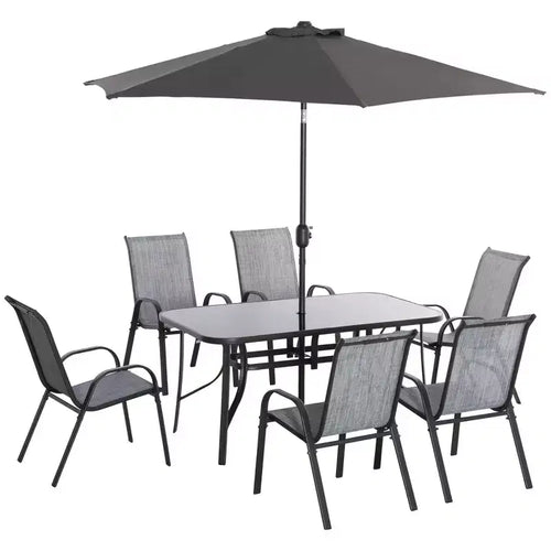 Ensemble de mobilier de jardin 8 pièces avec parasol de 2,7 m, table et chaises de salle à manger d'extérieur, 6 chaises – Sanzelize Design