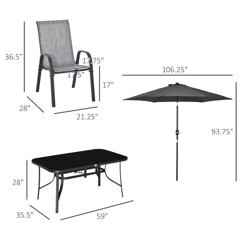 Ensemble de mobilier de jardin 8 pièces avec parasol de 2,7 m, table et chaises de salle à manger d'extérieur, 6 chaises – Sanzelize Design