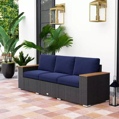 Canapé d'extérieur 3 places avec coussins, canapé en rotin PE avec accoudoirs larges, canapé en osier d'extérieur – Sanzelize Design
