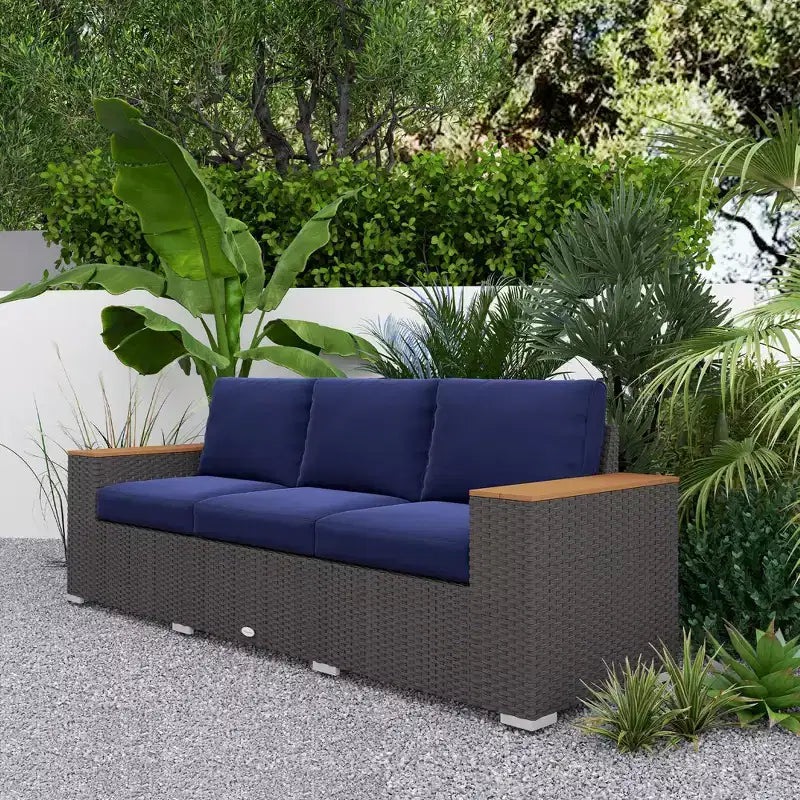 Canapé d'extérieur 3 places avec coussins, canapé en rotin PE avec accoudoirs larges, canapé en osier d'extérieur – Sanzelize Design