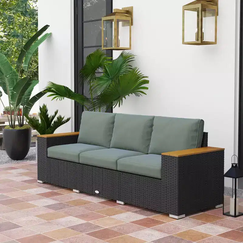 Canapé d'extérieur 3 places avec coussins, canapé en rotin PE avec accoudoirs larges, canapé en osier d'extérieur – Sanzelize Design