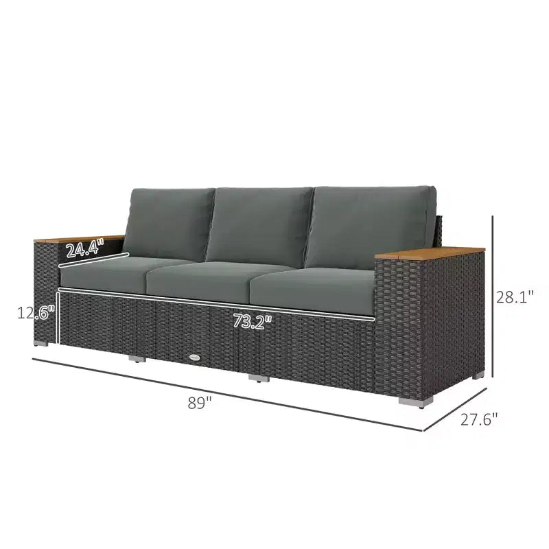 Canapé d'extérieur 3 places avec coussins, canapé en rotin PE avec accoudoirs larges, canapé en osier d'extérieur – Sanzelize Design