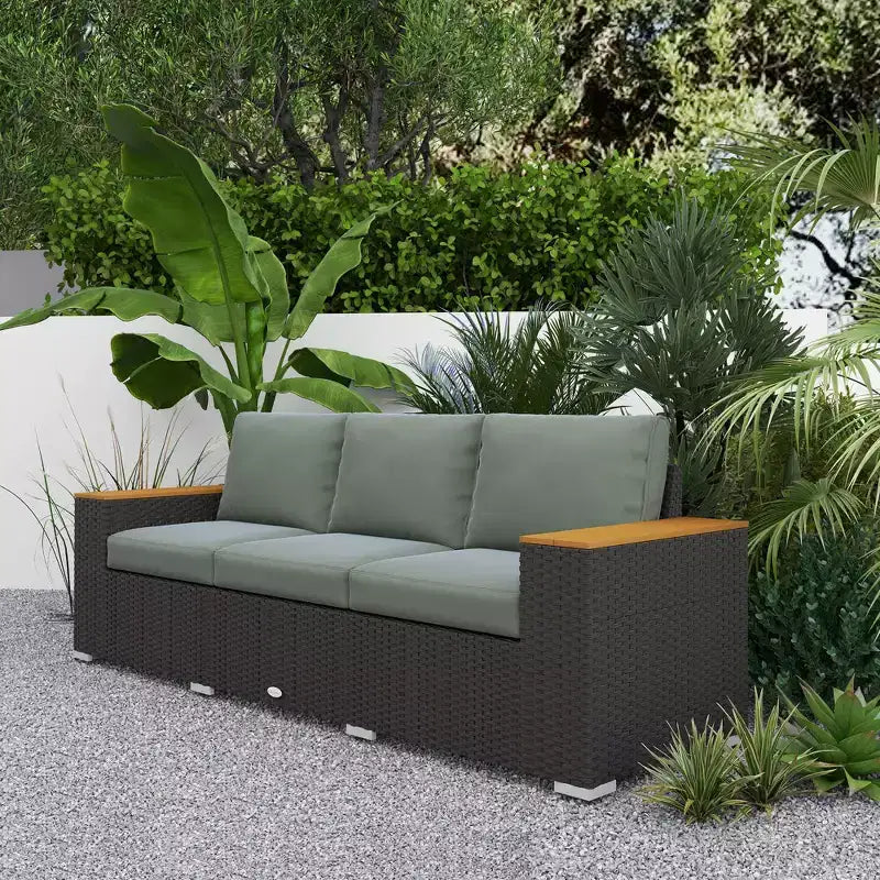 Canapé d'extérieur 3 places avec coussins, canapé en rotin PE avec accoudoirs larges, canapé en osier d'extérieur – Sanzelize Design