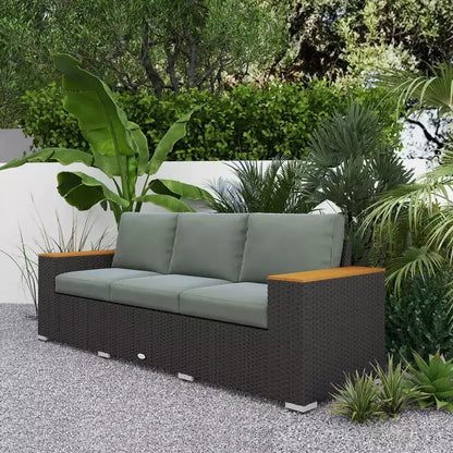 Canapé d'extérieur 3 places avec coussins, canapé en rotin PE avec accoudoirs larges, canapé en osier d'extérieur – Sanzelize Design