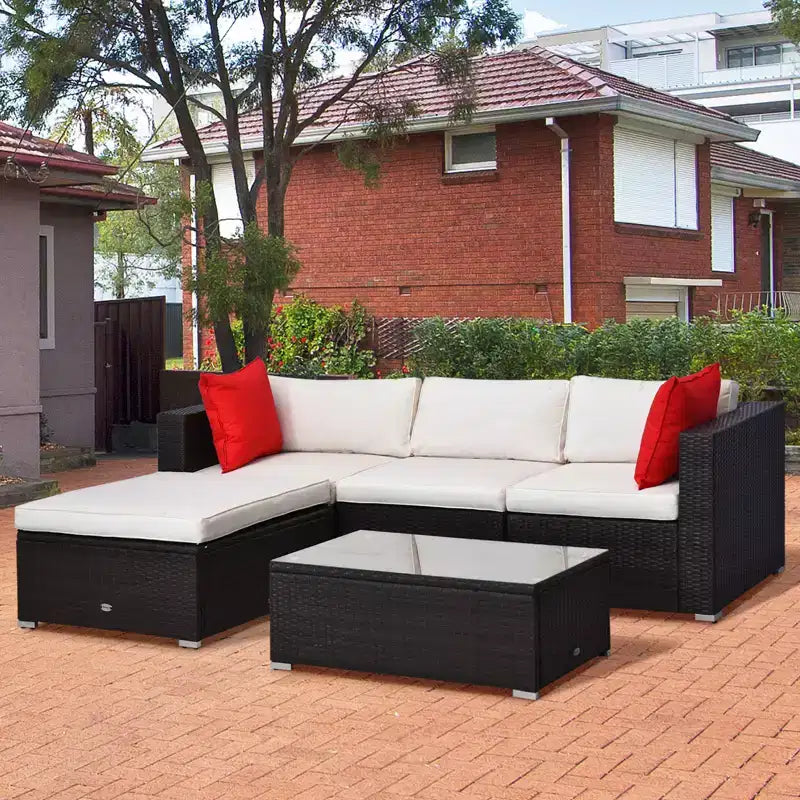 Ensemble de mobilier de jardin 5 pièces avec coussins, canapé d'extérieur en rotin tressé de polyéthylène – Sanzelize Design