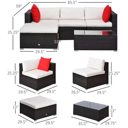 Ensemble de mobilier de jardin 5 pièces avec coussins, canapé d'extérieur en rotin tressé de polyéthylène – Sanzelize Design