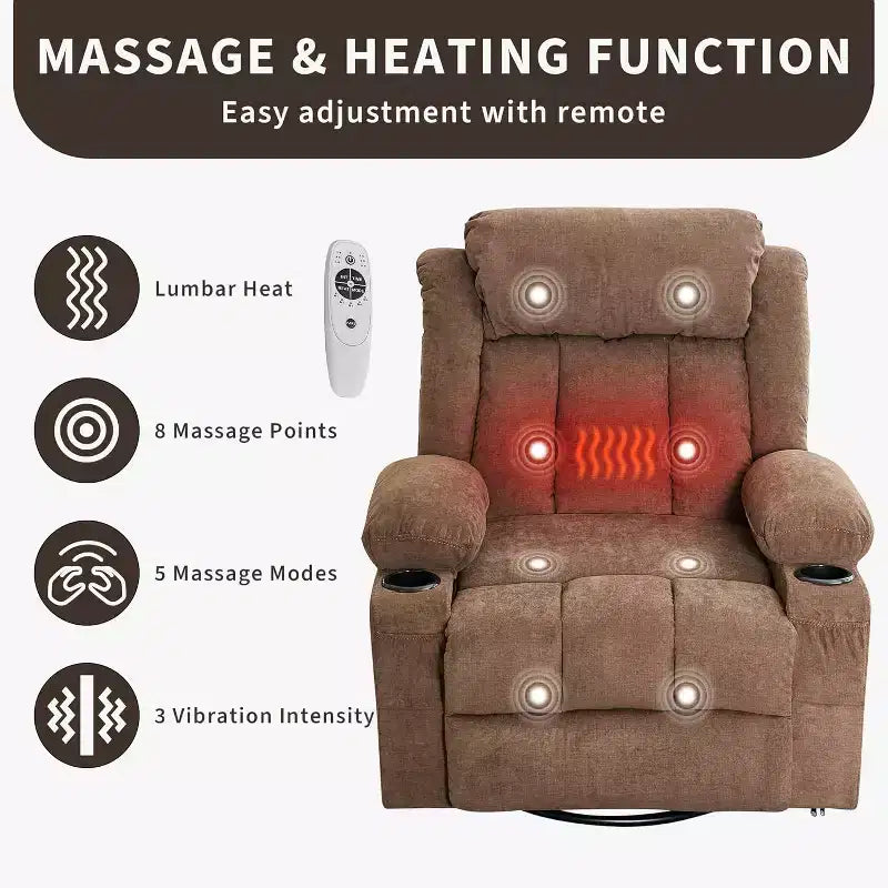 Fauteuil inclinable pivotant, fauteuil à bascule large avec massage chauffant, fauteuil à bascule simple à 3 positions – Sanzelize Design