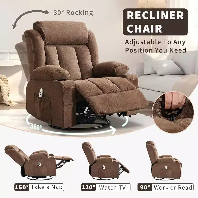 Fauteuil inclinable pivotant, fauteuil à bascule large avec massage chauffant, fauteuil à bascule simple à 3 positions – Sanzelize Design