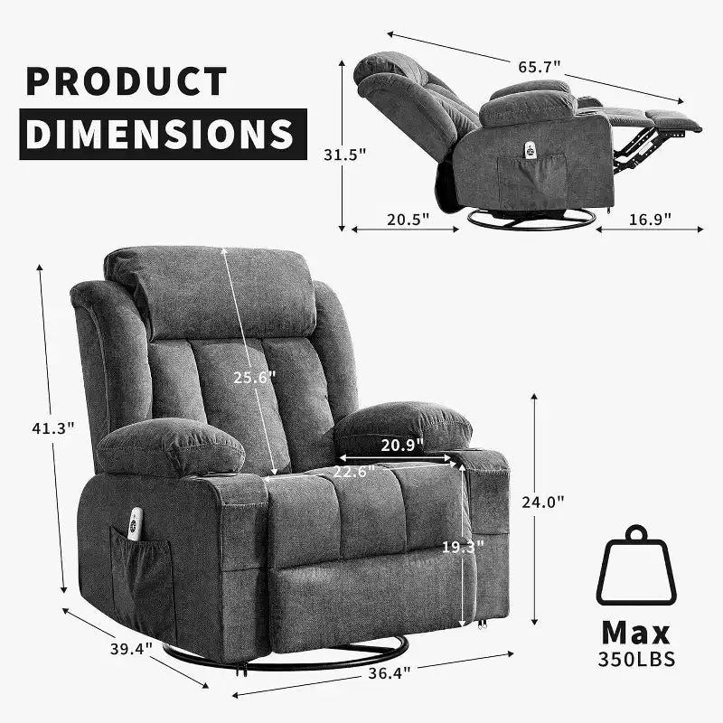 Fauteuil inclinable pivotant, fauteuil à bascule large avec massage chauffant, fauteuil à bascule simple à 3 positions – Sanzelize Design