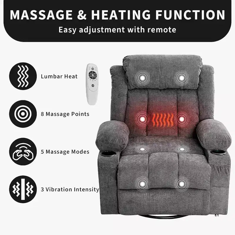 Fauteuil inclinable pivotant, fauteuil à bascule large avec massage chauffant, fauteuil à bascule simple à 3 positions – Sanzelize Design