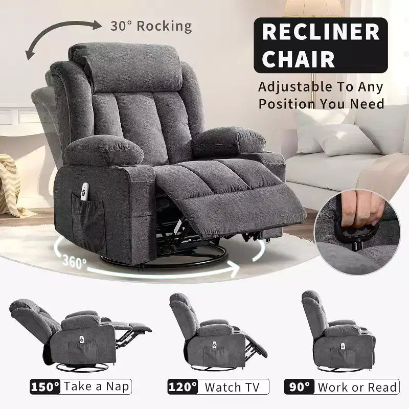 Fauteuil inclinable pivotant, fauteuil à bascule large avec massage chauffant, fauteuil à bascule simple à 3 positions – Sanzelize Design