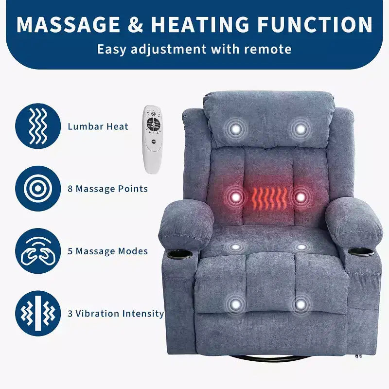 Fauteuil inclinable pivotant, fauteuil à bascule large avec massage chauffant, fauteuil à bascule simple à 3 positions – Sanzelize Design