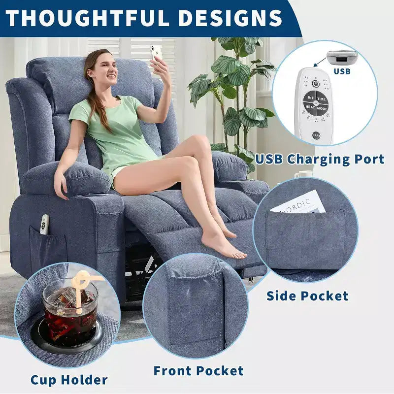 Fauteuil inclinable pivotant, fauteuil à bascule large avec massage chauffant, fauteuil à bascule simple à 3 positions – Sanzelize Design
