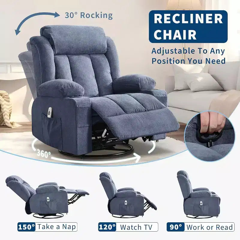 Fauteuil inclinable pivotant, fauteuil à bascule large avec massage chauffant, fauteuil à bascule simple à 3 positions – Sanzelize Design