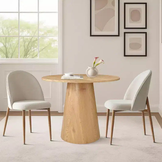 Ensemble de table de bistrot moderne en placage de chêne, table piédestal ronde 89 cm et 2 chaises de salle à manger à – Sanzelize Design