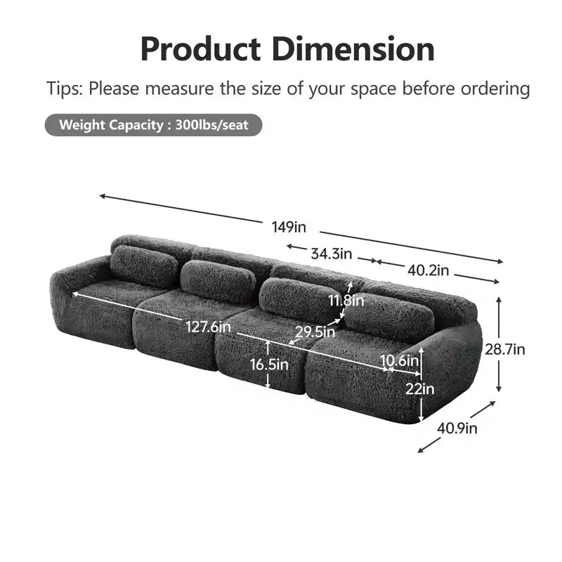 Canapé en peluche douce désossé de 378 cm, éponge HD 32D, conception ergonomique, emballage sous vide, combinaison libre – Sanzelize Design