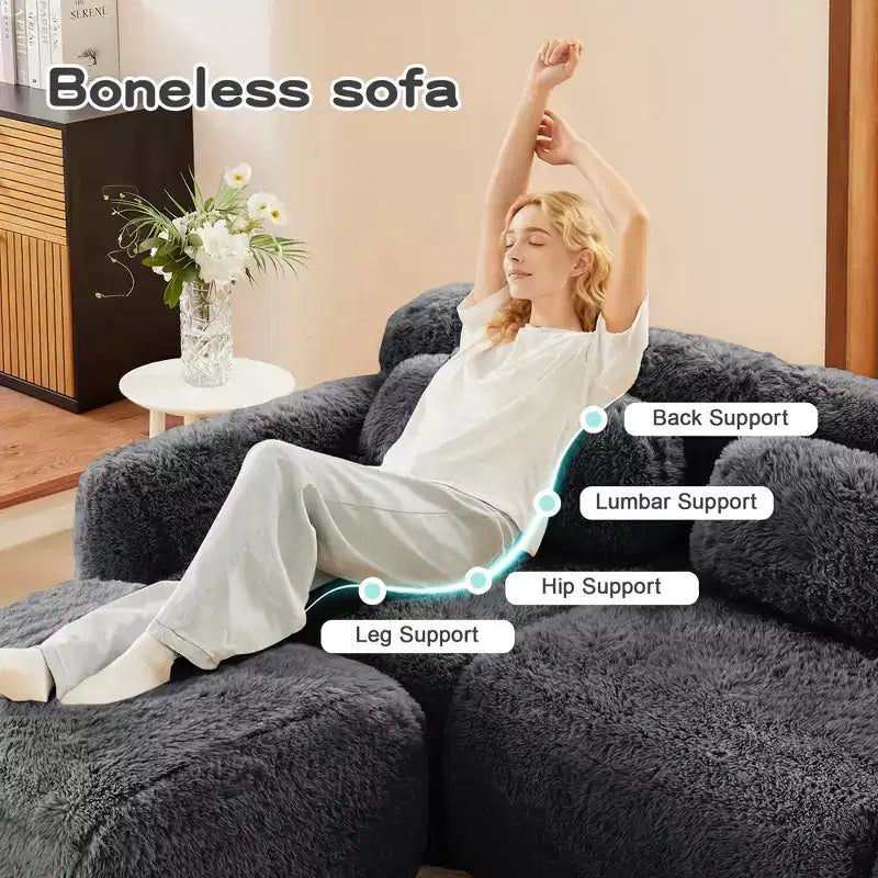 Canapé en peluche douce désossé de 378 cm, éponge HD 32D, conception ergonomique, emballage sous vide, combinaison libre – Sanzelize Design
