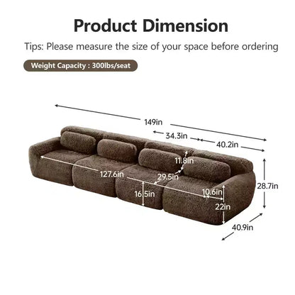 Canapé en peluche douce désossé de 378 cm, éponge HD 32D, conception ergonomique, emballage sous vide, combinaison libre – Sanzelize Design