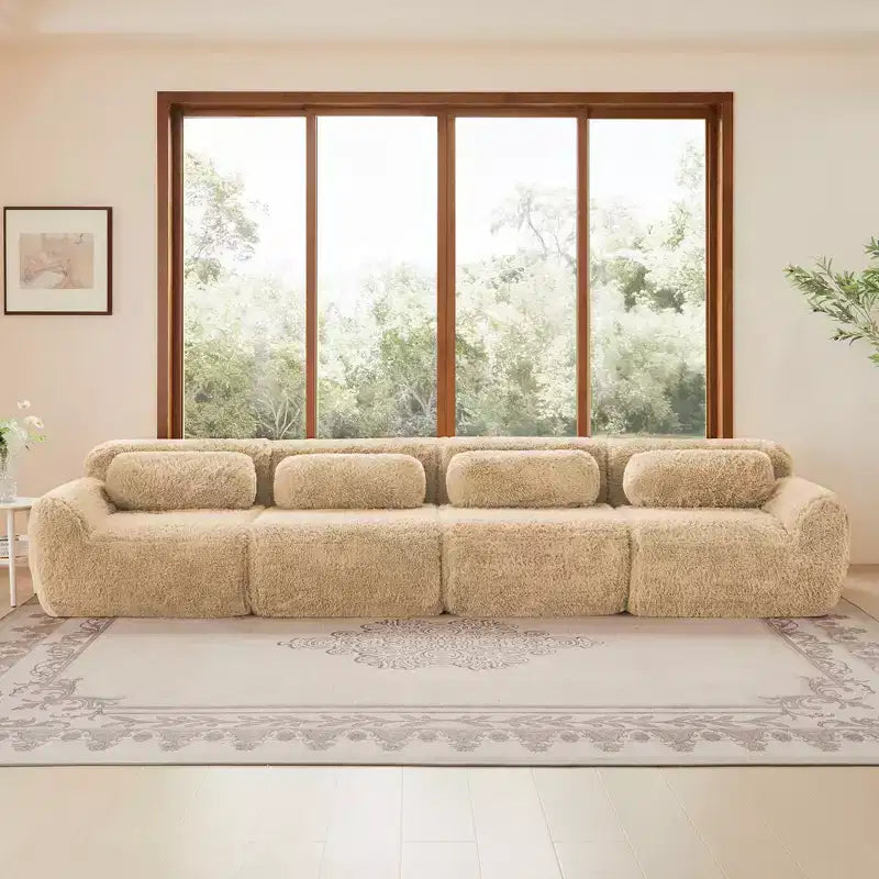 Canapé en peluche douce désossé de 378 cm, éponge HD 32D, conception ergonomique, emballage sous vide, combinaison libre – Sanzelize Design