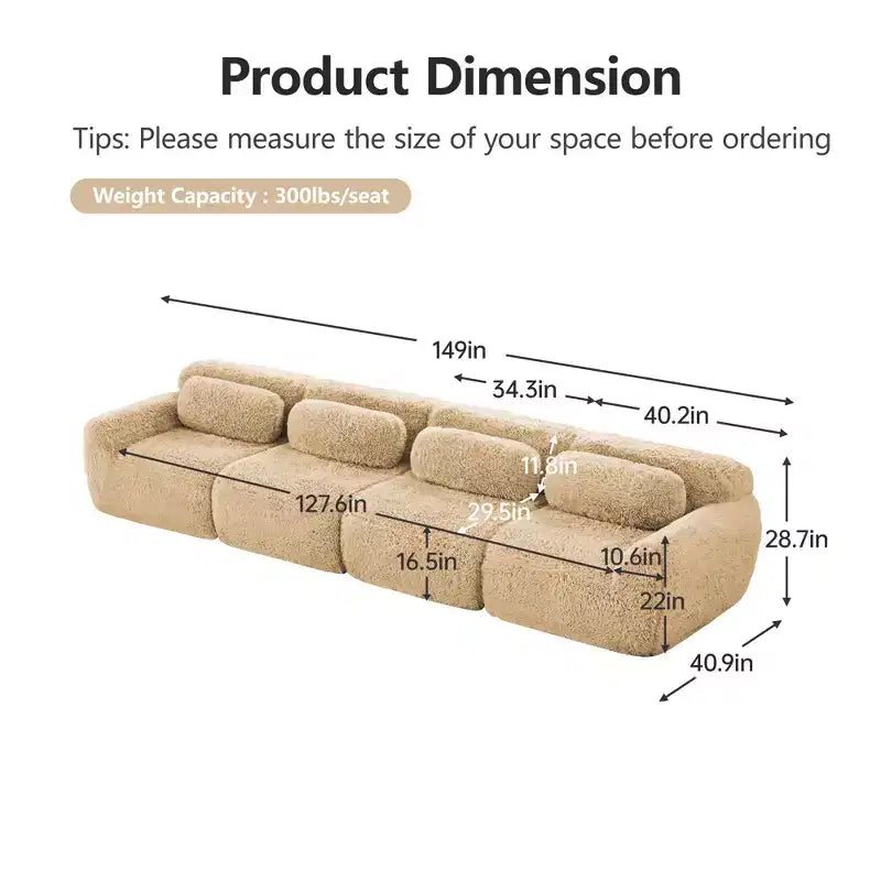 Canapé en peluche douce désossé de 378 cm, éponge HD 32D, conception ergonomique, emballage sous vide, combinaison libre – Sanzelize Design