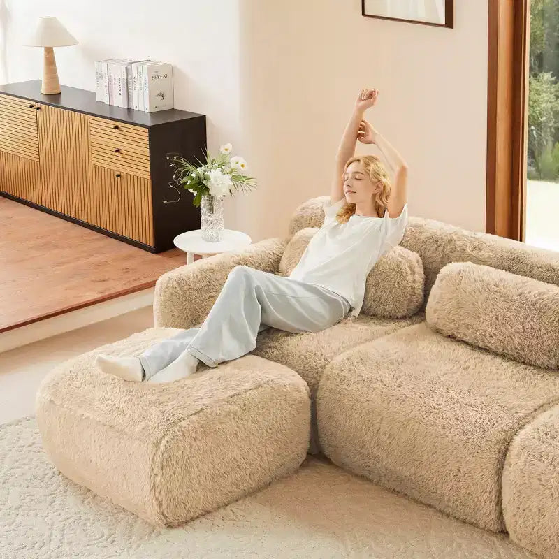 Canapé en peluche douce désossé de 378 cm, éponge HD 32D, conception ergonomique, emballage sous vide, combinaison libre – Sanzelize Design