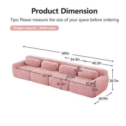Canapé en peluche douce désossé de 378 cm, éponge HD 32D, conception ergonomique, emballage sous vide, combinaison libre – Sanzelize Design