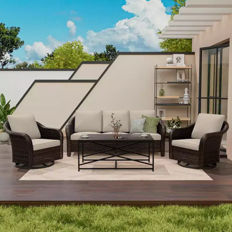Ensemble de jardin extérieur: canapé 3 places, 2 fauteuils berçants pivotants et table basse pour un confort par tous – Sanzelize Design