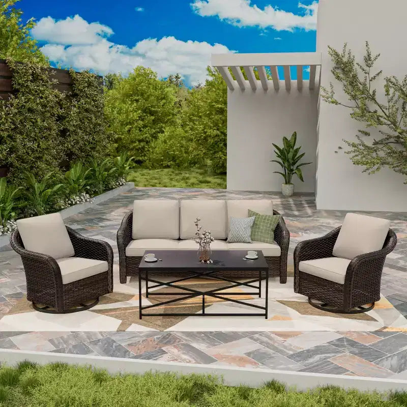 Ensemble de jardin extérieur: canapé 3 places, 2 fauteuils berçants pivotants et table basse pour un confort par tous – Sanzelize Design