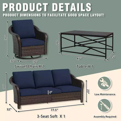 Ensemble de jardin extérieur: canapé 3 places, 2 fauteuils berçants pivotants et table basse pour un confort par tous – Sanzelize Design