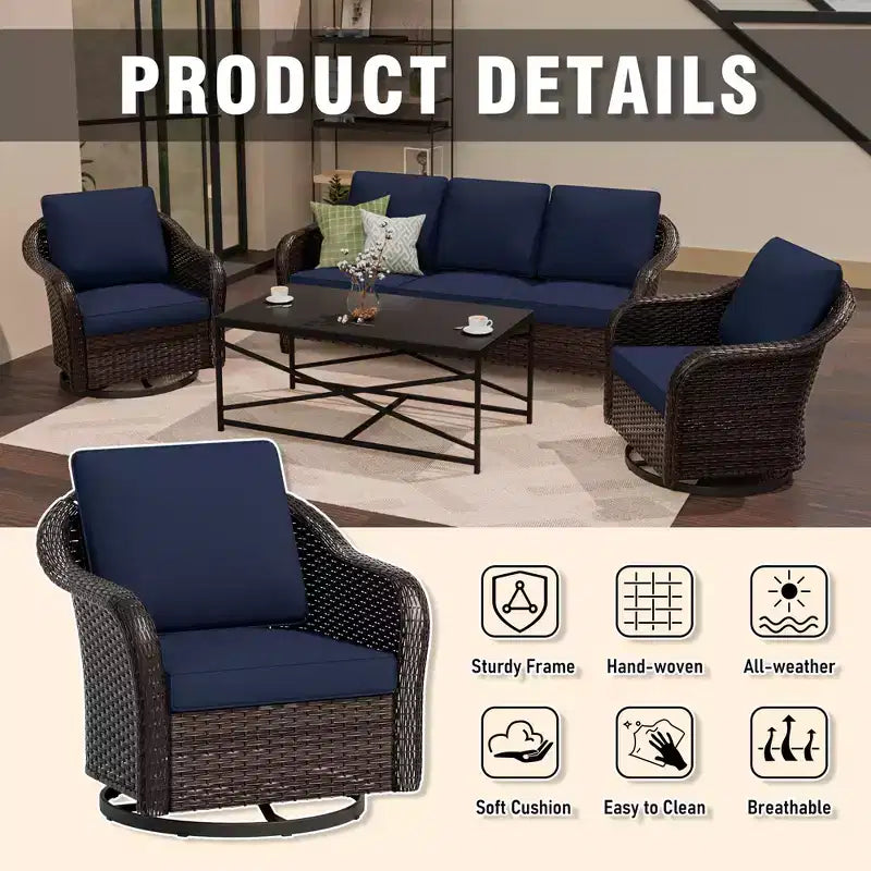 Ensemble de jardin extérieur: canapé 3 places, 2 fauteuils berçants pivotants et table basse pour un confort par tous – Sanzelize Design