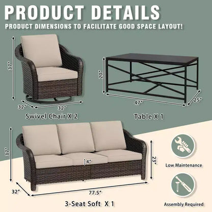Ensemble de jardin extérieur: canapé 3 places, 2 fauteuils berçants pivotants et table basse pour un confort par tous – Sanzelize Design
