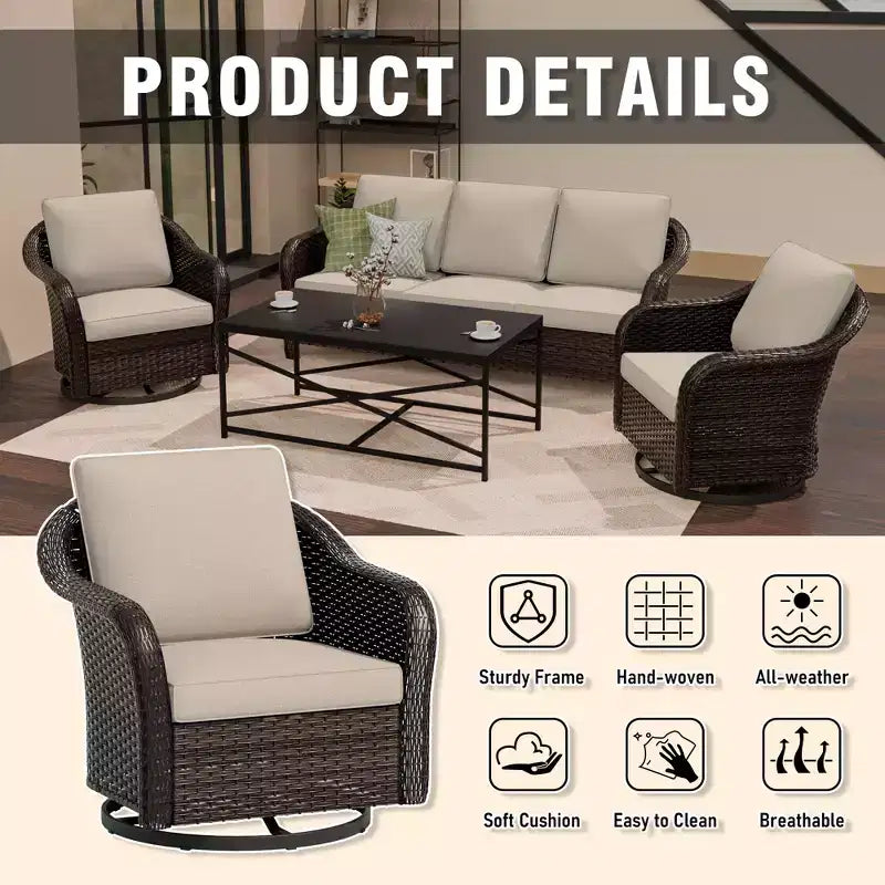 Ensemble de jardin extérieur: canapé 3 places, 2 fauteuils berçants pivotants et table basse pour un confort par tous – Sanzelize Design
